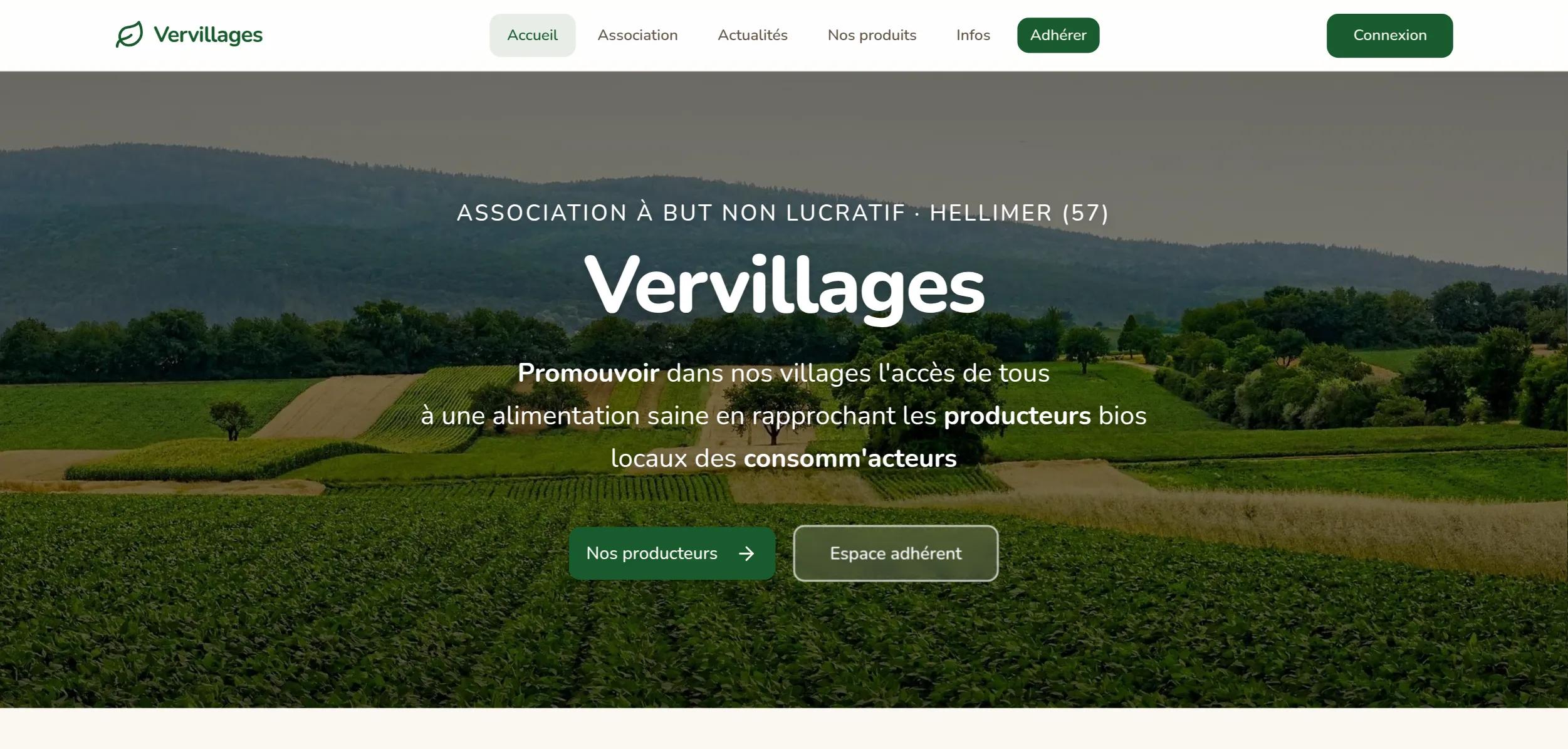 Page d'accueil du site VerVillages, association de Hellimer (57) pour une alimentation saine avec les producteurs bio locaux