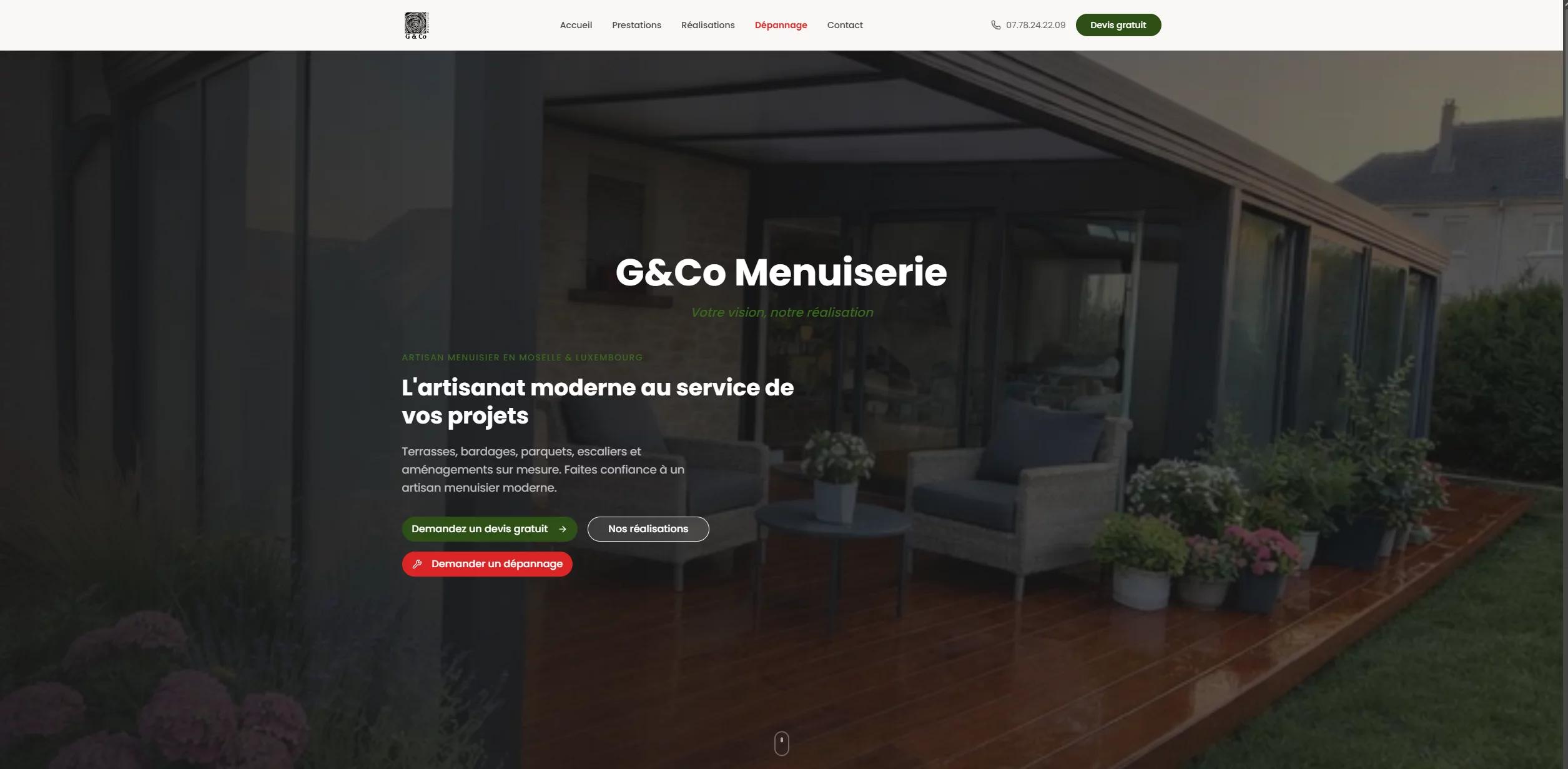 Site vitrine artisan menuisier G&Co Menuiserie - Terrasses, bardages, pergolas sur mesure