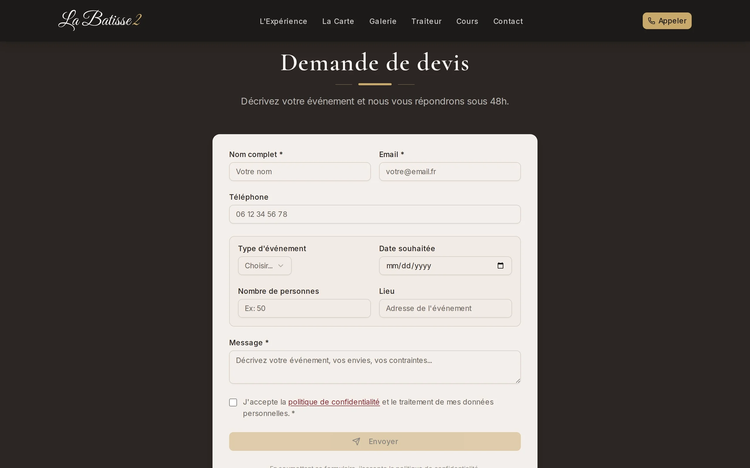 La Batisse 2, demande de devis traiteur